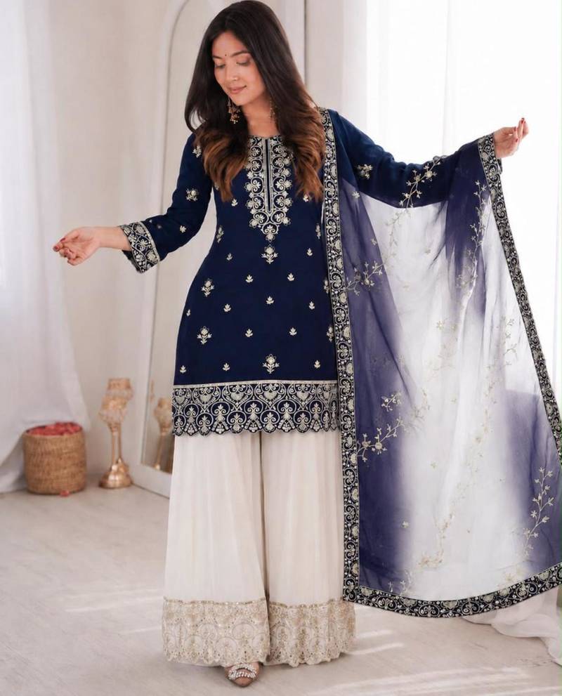 Navy-blue silk blend embroidered palazzo set