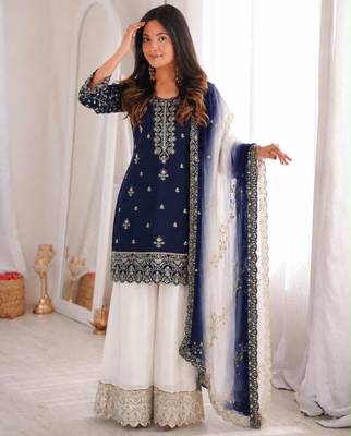 Navy-blue silk blend embroidered palazzo set 2