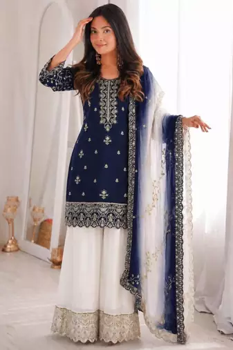 Navy-blue silk blend embroidered palazzo set