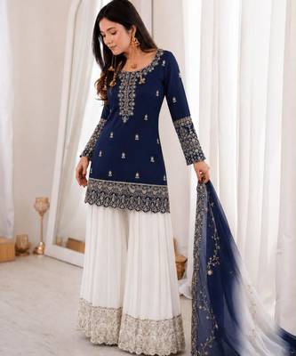 Navy-blue silk blend embroidered palazzo set 3