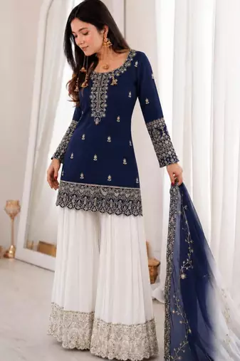 Navy-blue silk blend embroidered palazzo set
