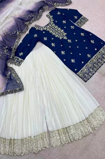 Navy-blue silk blend embroidered palazzo set