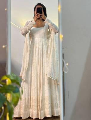 White georgette embroidered flared gown set 1