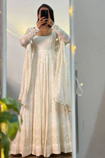 White georgette embroidered flared gown set