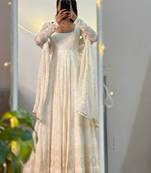White georgette embroidered flared gown set
