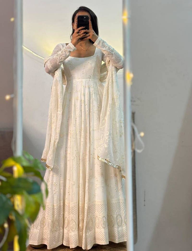 White georgette embroidered flared gown set