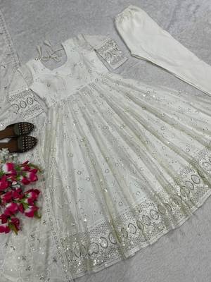White georgette embroidered flared gown set 4