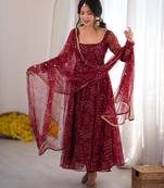 Maroon faux georgette embroidered flared gown set