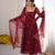Maroon faux georgette embroidered flared gown set