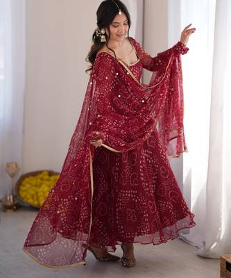 Maroon faux georgette embroidered flared gown set 2