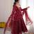 Maroon faux georgette embroidered flared gown set
