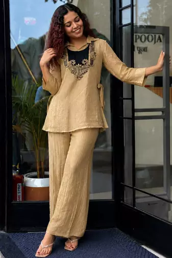 Beige silk blend embroidered palazzo set