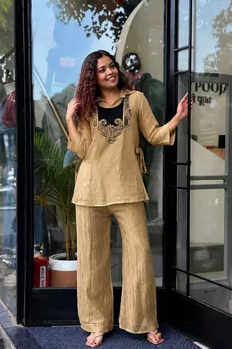 Beige silk blend embroidered palazzo set