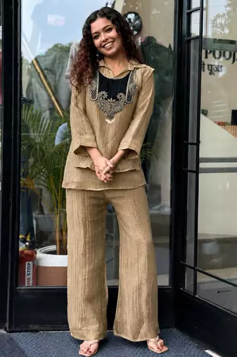 Beige silk blend embroidered palazzo set