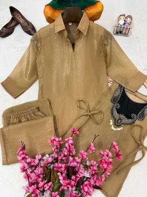 Beige silk blend embroidered palazzo set 4