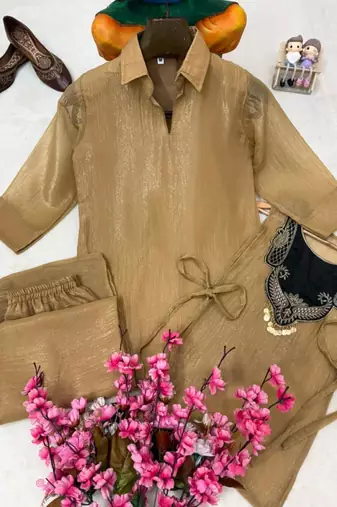 Beige silk blend embroidered palazzo set