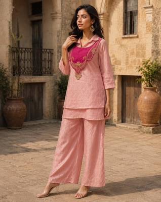 Pink silk blend embroidered palazzo set 1
