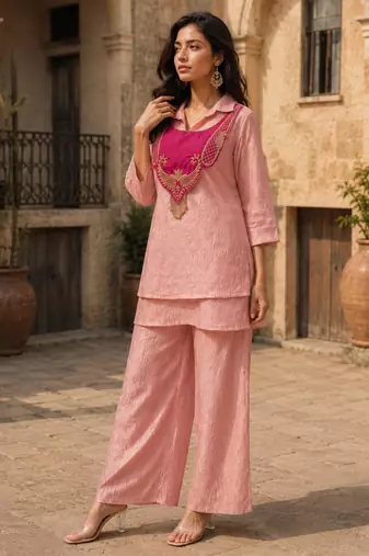 Pink silk blend embroidered palazzo set