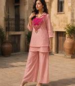Pink silk blend embroidered palazzo set