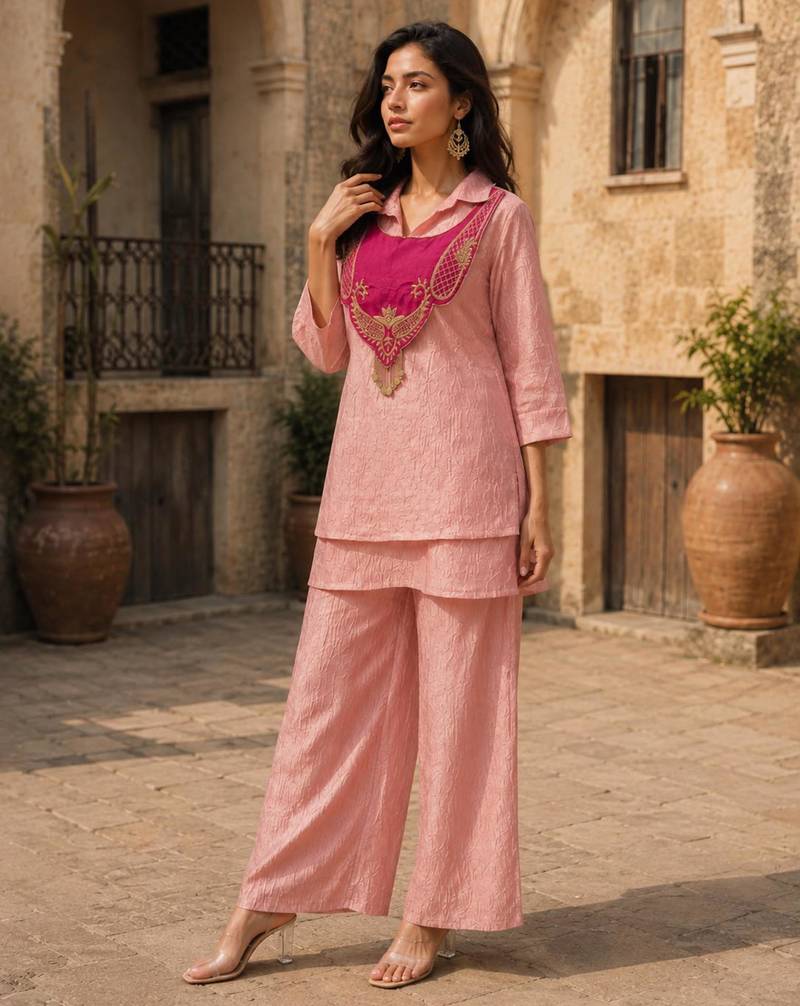 Pink silk blend embroidered palazzo set