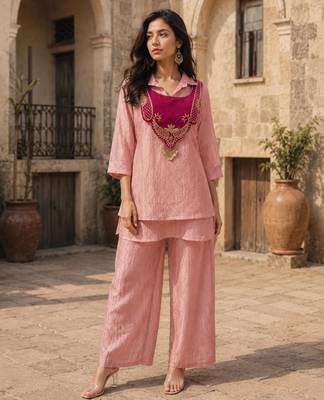 Pink silk blend embroidered palazzo set 2