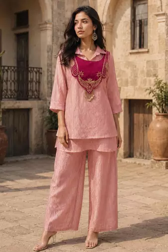 Pink silk blend embroidered palazzo set