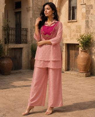 Pink silk blend embroidered palazzo set 3