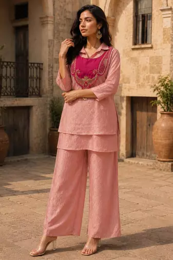 Pink silk blend embroidered palazzo set