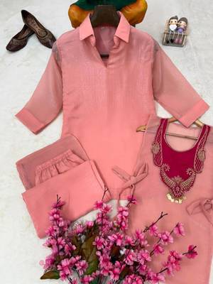 Pink silk blend embroidered palazzo set 4