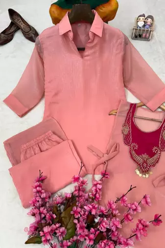 Pink silk blend embroidered palazzo set