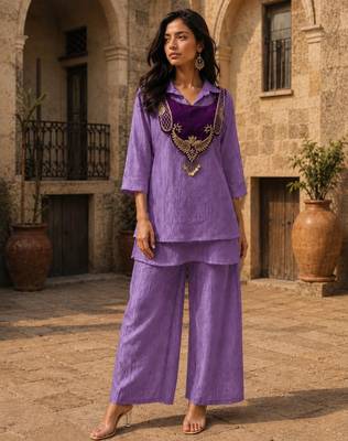 Purple silk blend embroidered palazzo set 1