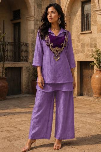 Purple silk blend embroidered palazzo set