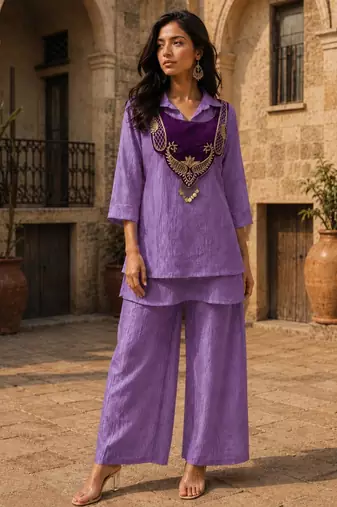 Purple silk blend embroidered palazzo set