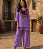Purple silk blend embroidered palazzo set