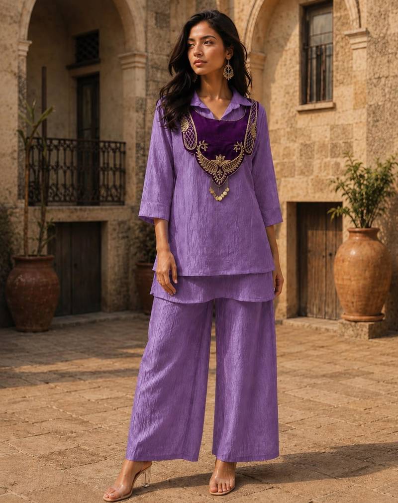 Purple silk blend embroidered palazzo set