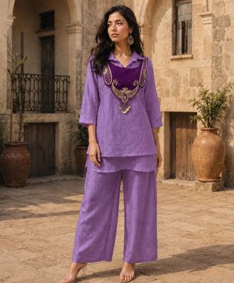 Purple silk blend embroidered palazzo set 2