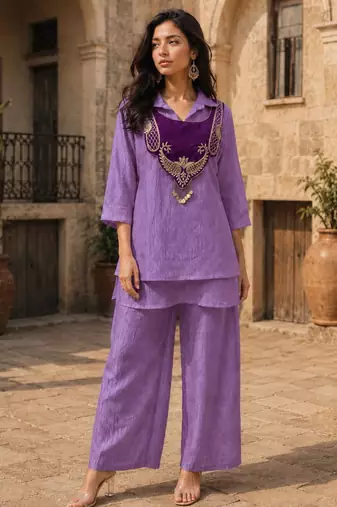 Purple silk blend embroidered palazzo set