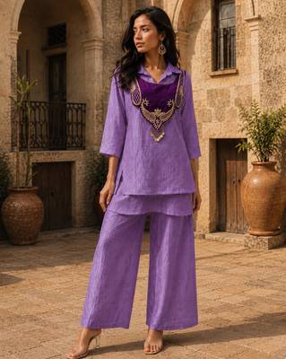 Purple silk blend embroidered palazzo set 3