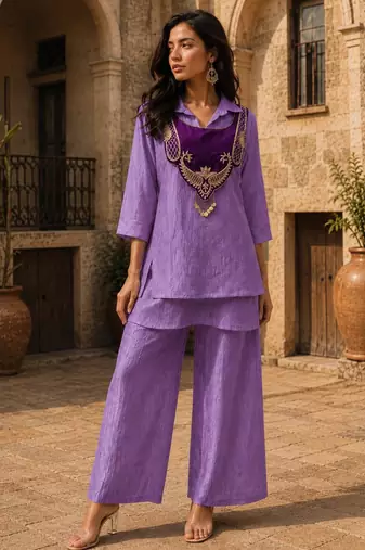 Purple silk blend embroidered palazzo set