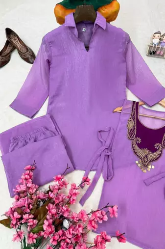 Purple silk blend embroidered palazzo set
