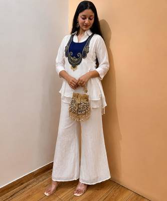 White silk blend embroidered palazzo set 1