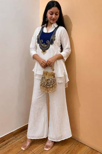 White silk blend embroidered palazzo set