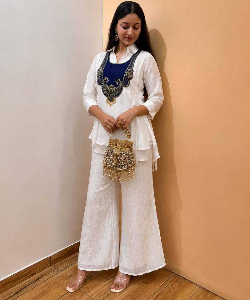 White silk blend embroidered palazzo set