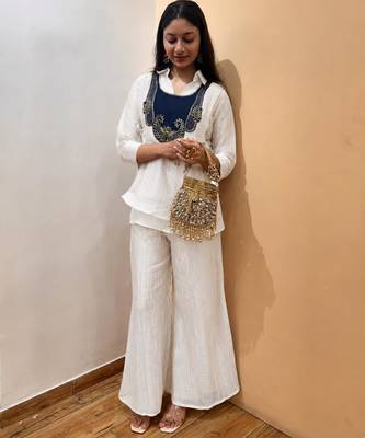 White silk blend embroidered palazzo set 2