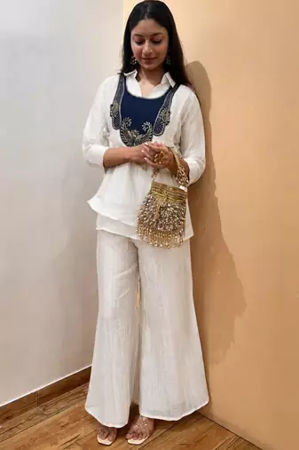 White silk blend embroidered palazzo set
