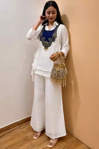 White silk blend embroidered palazzo set