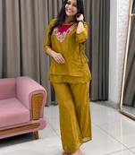 Dark-yellow silk blend embroidered palazzo set