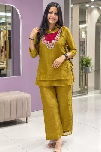 Dark-yellow silk blend embroidered palazzo set