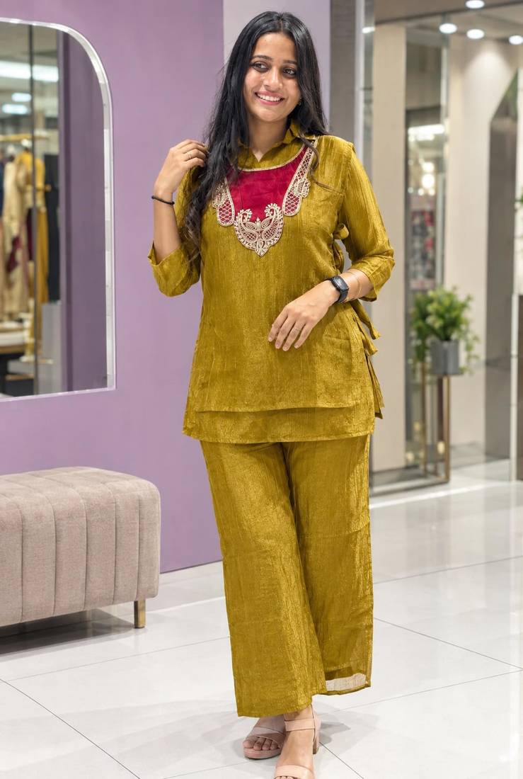 Dark-yellow silk blend embroidered palazzo set