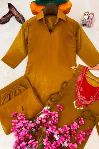 Dark-yellow silk blend embroidered palazzo set